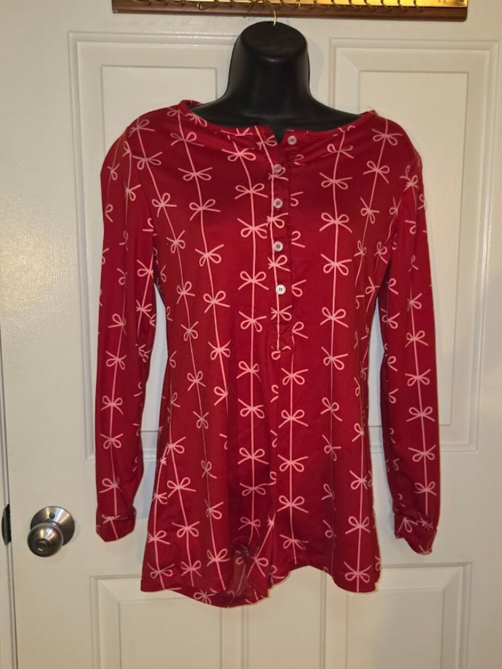 5B Style Red Fleece Lined Romper Pink Bow Print Long Sleeve Pajamas Size L Large